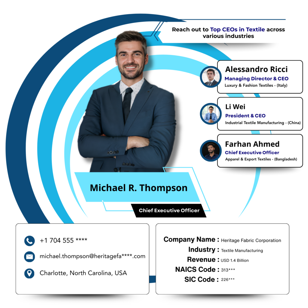 Reach out to top CEOs in Textile across various industries by data maelumat